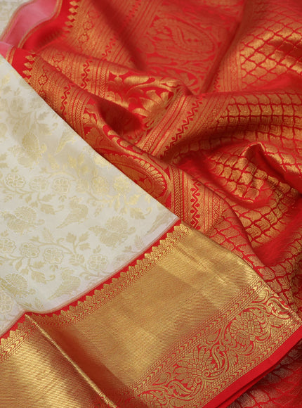 Pure kanchipuram silk saree cream and red with allover zari woven brocade weaves and zari woven border