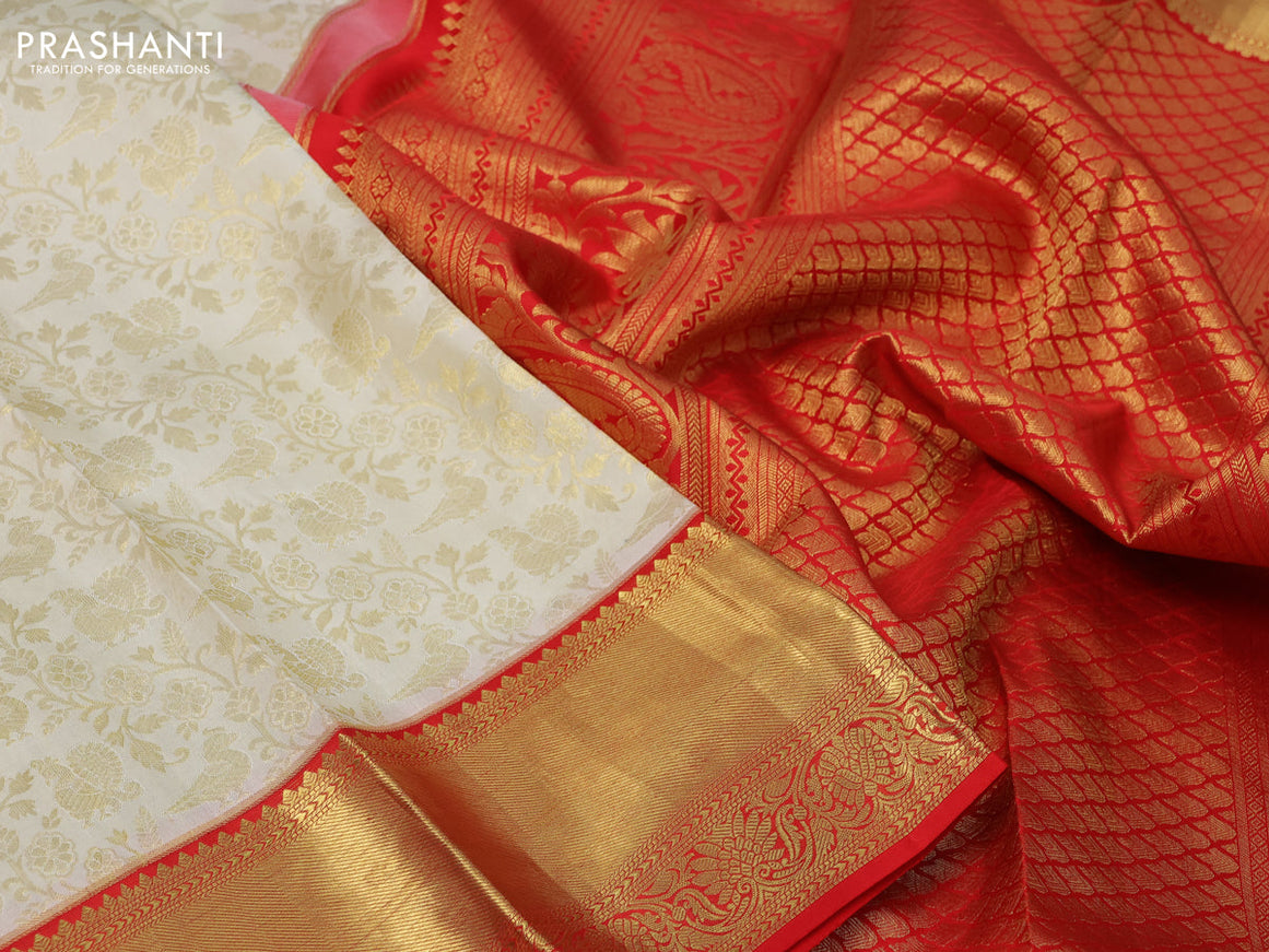 Pure kanchipuram silk saree cream and red with allover zari woven brocade weaves and zari woven border