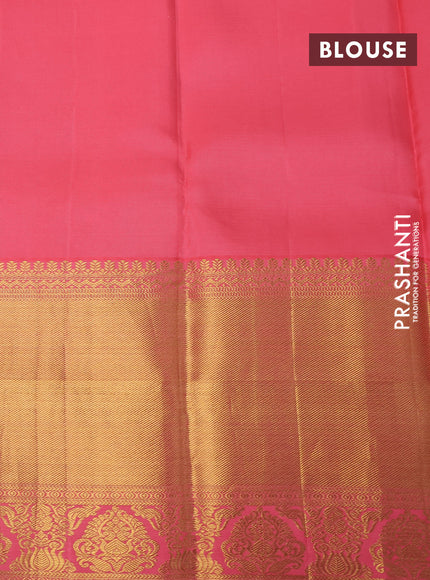 Pure kanchipuram silk saree teal green shade and pink with allover silver zari woven brocade weaves and long zari woven border