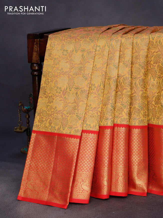 Pure kanchipuram silk saree mustard yellow and red with allover zari woven brocade weaves and long zari woven border