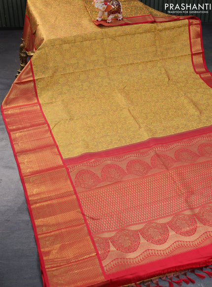 Pure kanchipuram silk saree mustard yellow and red with allover zari woven brocade weaves and long zari woven border