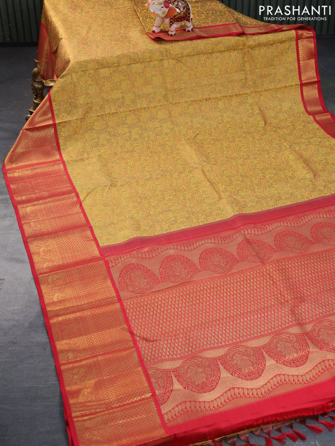 Pure kanchipuram silk saree mustard yellow and red with allover zari woven brocade weaves and long zari woven border