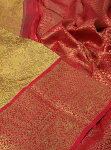 Pure kanchipuram silk saree mustard yellow and red with allover zari woven brocade weaves and long zari woven border