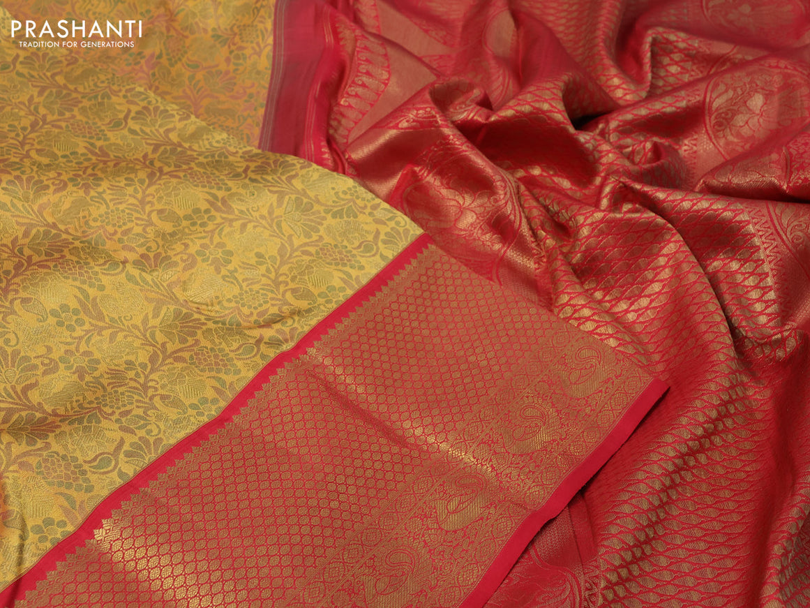 Pure kanchipuram silk saree mustard yellow and red with allover zari woven brocade weaves and long zari woven border