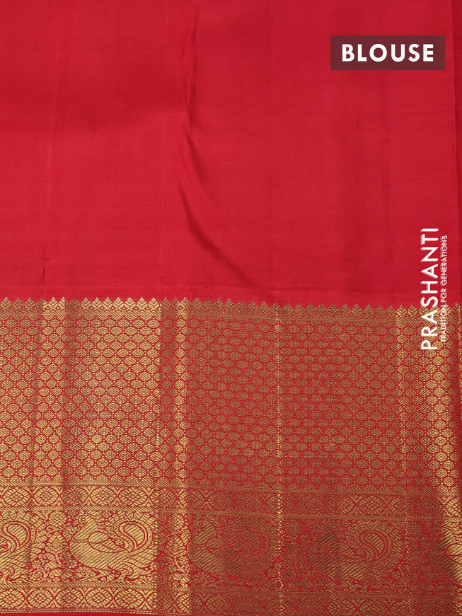 Pure kanchipuram silk saree mustard yellow and red with allover zari woven brocade weaves and long zari woven border