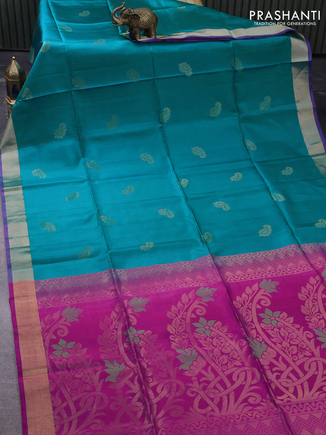 Pure soft silk saree teal blue shade and magenta with zari woven buttas and zari woven border