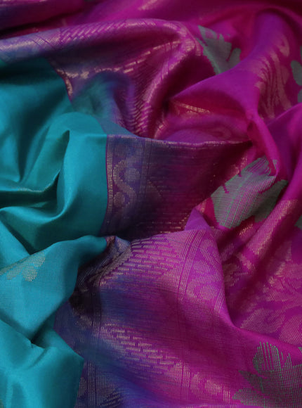 Pure soft silk saree teal blue shade and magenta with zari woven buttas and zari woven border