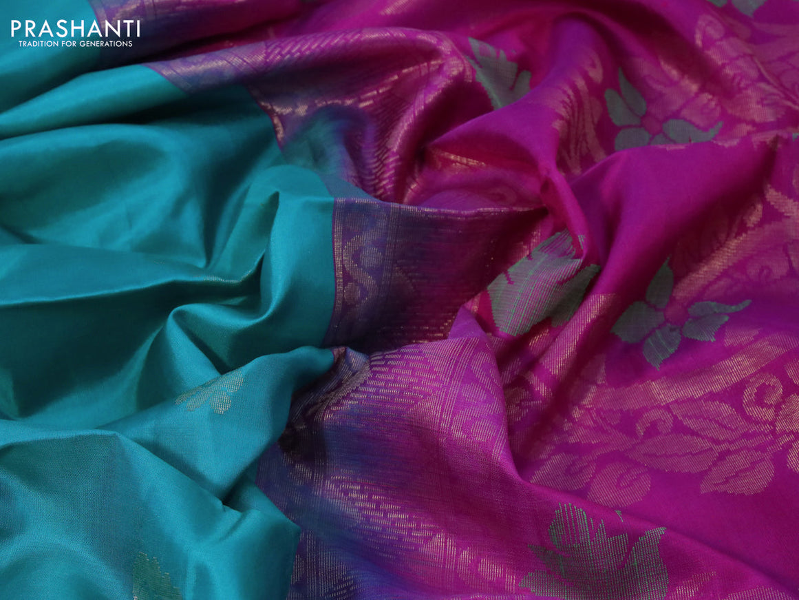 Pure soft silk saree teal blue shade and magenta with zari woven buttas and zari woven border