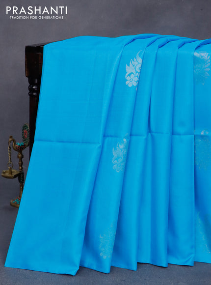 Pure soft silk saree light blue and magenta pink with zari woven buttas in borderless style