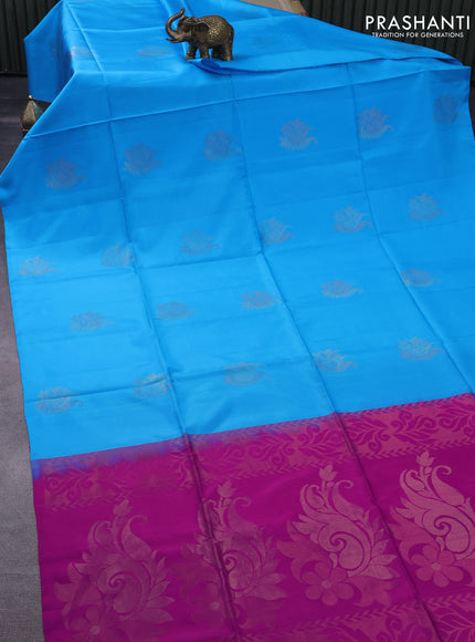 Pure soft silk saree light blue and magenta pink with zari woven buttas in borderless style