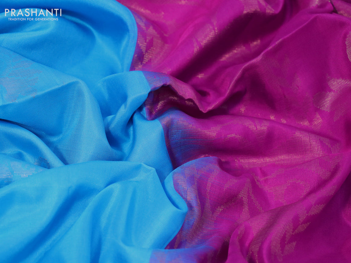 Pure soft silk saree light blue and magenta pink with zari woven buttas in borderless style