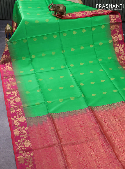 Pure soft silk saree green and dual shade of pinkish orange with zari woven buttas and floral design zari woven border