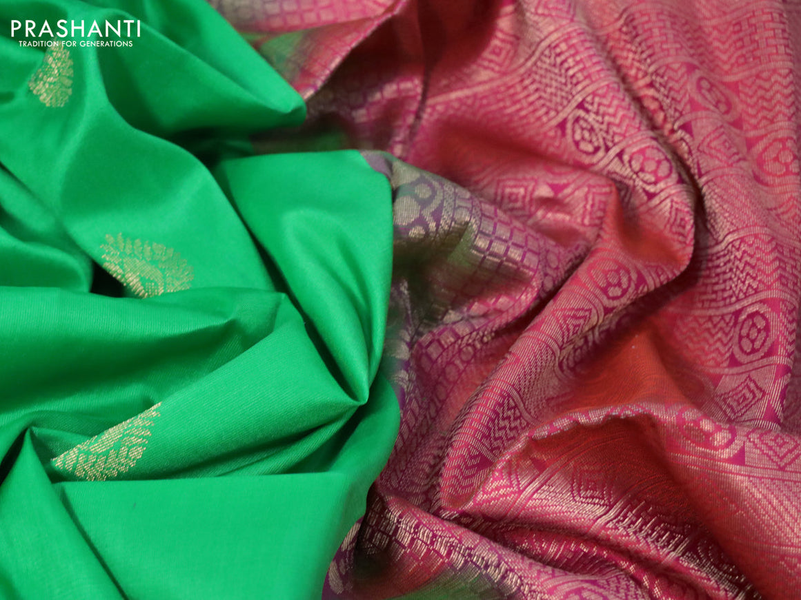 Pure soft silk saree green and dual shade of pinkish orange with zari woven buttas and floral design zari woven border