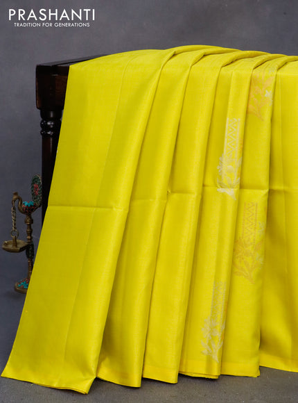 Pure soft silk saree lime yellow and dual shade of pink with silver zari woven buttas in borderless style