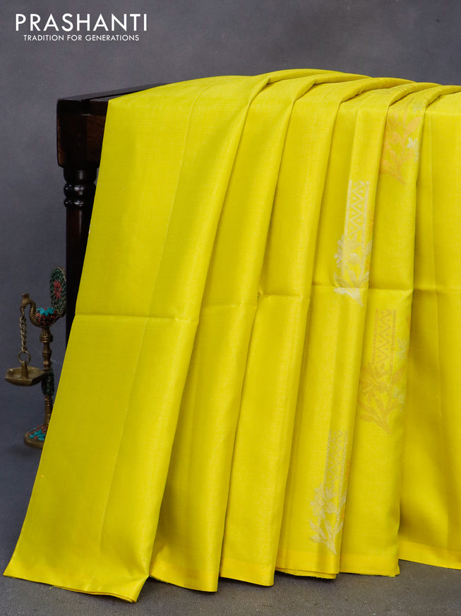 Pure soft silk saree lime yellow and dual shade of pink with silver zari woven buttas in borderless style