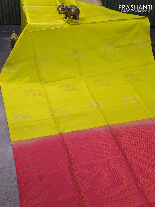 Pure soft silk saree lime yellow and dual shade of pink with silver zari woven buttas in borderless style