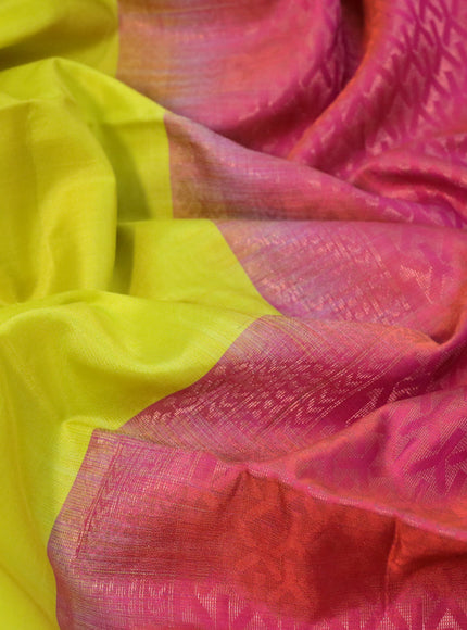 Pure soft silk saree lime yellow and dual shade of pink with silver zari woven buttas in borderless style