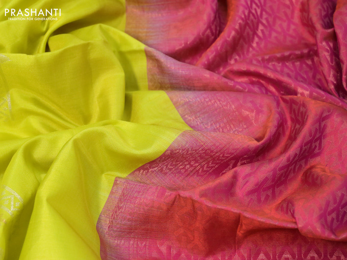 Pure soft silk saree lime yellow and dual shade of pink with silver zari woven buttas in borderless style