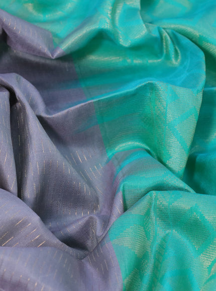 Pure soft silk saree grey and teal blue with allover zari weaves in borderless style