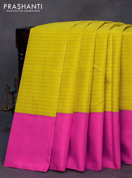 Pure soft silk saree yellow and pink with allover copper zari stripes & buttas and zari wovenn butta border