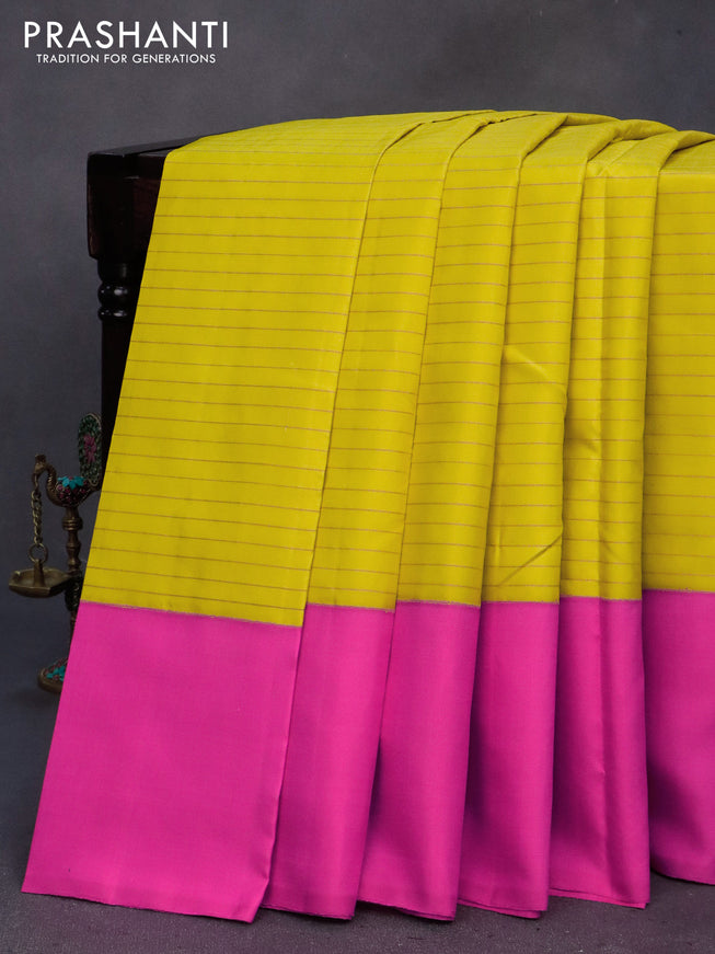 Pure soft silk saree yellow and pink with allover copper zari stripes & buttas and zari wovenn butta border