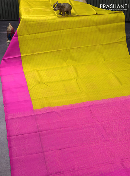 Pure soft silk saree yellow and pink with allover copper zari stripes & buttas and zari wovenn butta border