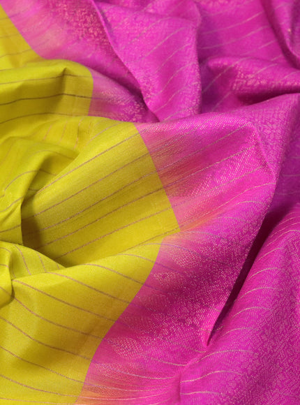 Pure soft silk saree yellow and pink with allover copper zari stripes & buttas and zari wovenn butta border