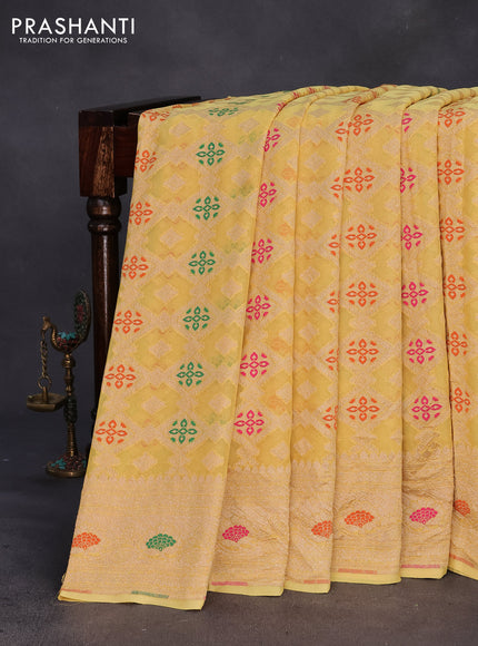 Banarasi georgette silk saree yellow with allover thread & zari weaves bandhani prints and woven border