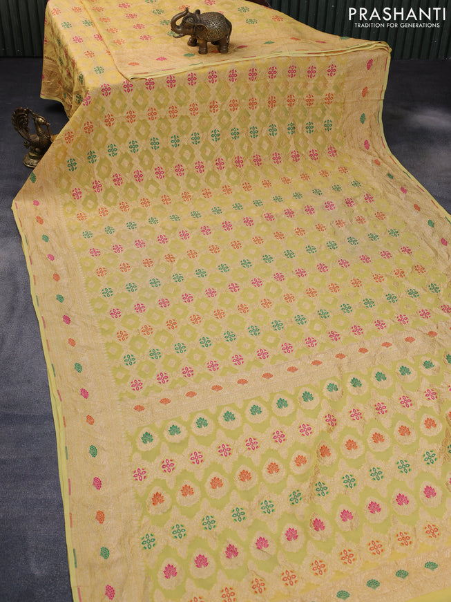 Banarasi georgette silk saree yellow with allover thread & zari weaves bandhani prints and woven border