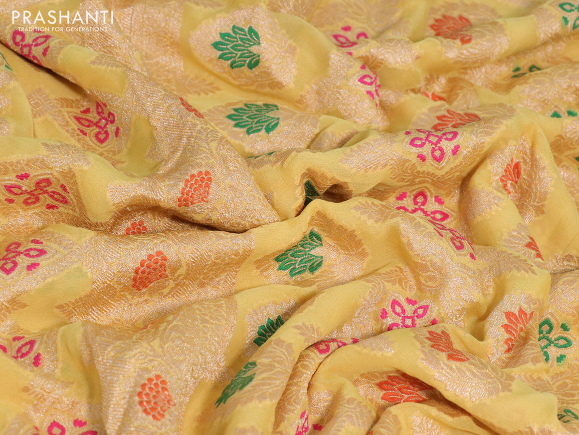 Banarasi georgette silk saree yellow with allover thread & zari weaves bandhani prints and woven border