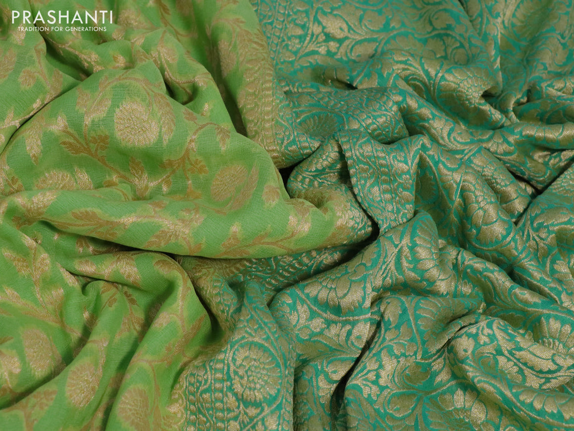 Banarasi georgette silk saree pista green and teal green with allover zari weaves and zari woven border