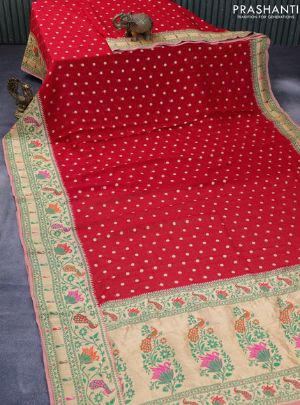 Banarasi georgette silk saree red and peach shade with zari woven coin buttas and zari woven floral design paithani border