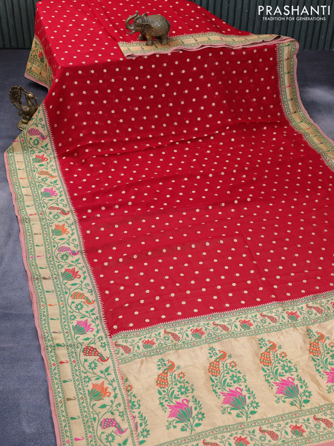 Banarasi georgette silk saree red and peach shade with zari woven coin buttas and zari woven floral design paithani border