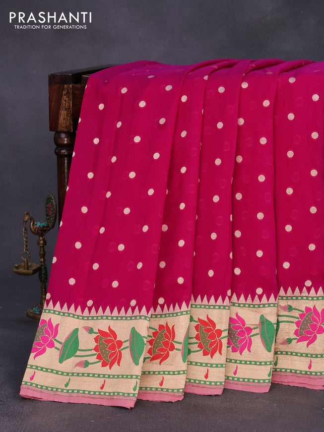 Banarasi georgette silk saree pink and pastel pink with zari woven coin buttas and zari woven floral design paithani border