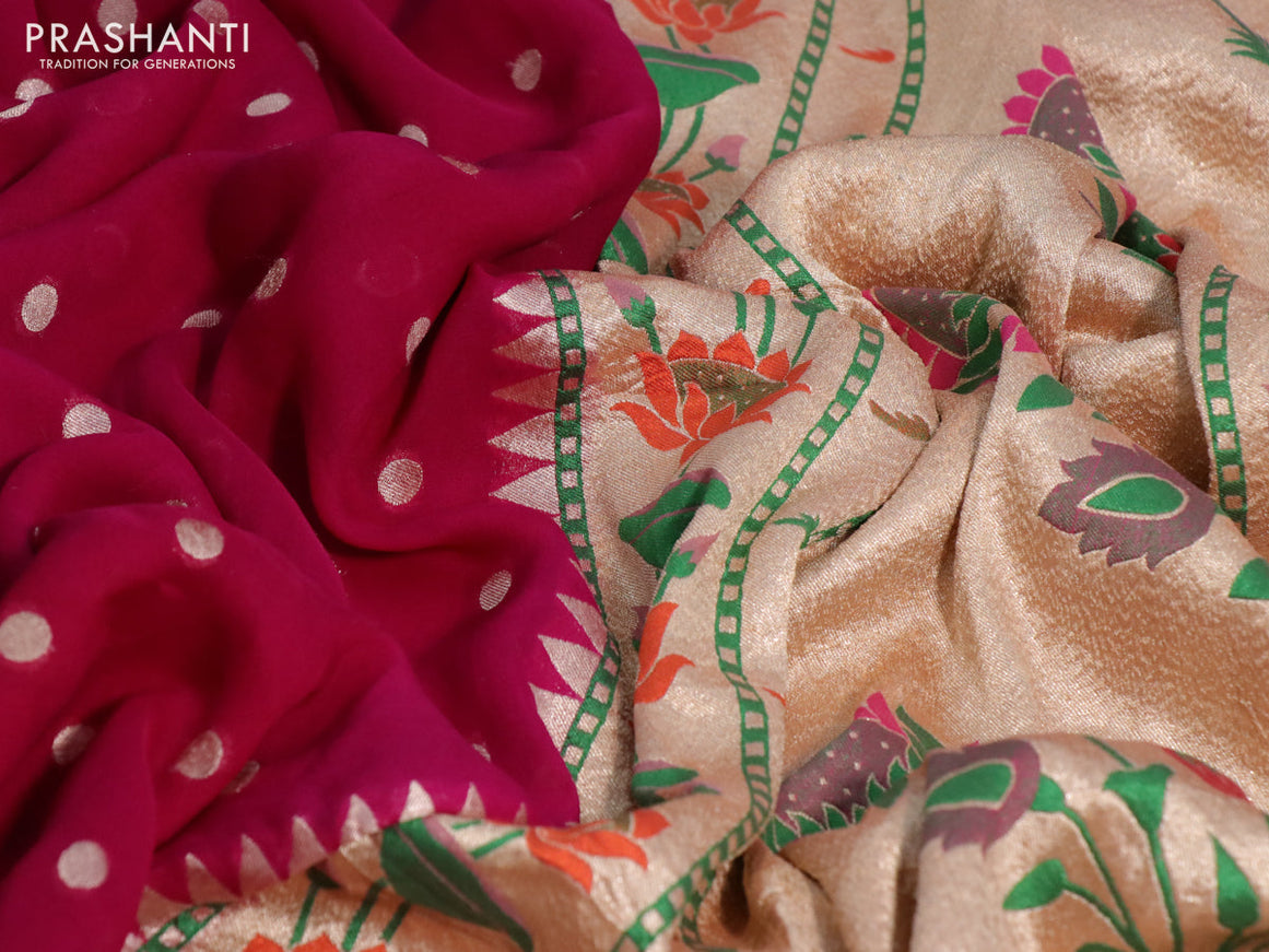 Banarasi georgette silk saree pink and pastel pink with zari woven coin buttas and zari woven floral design paithani border