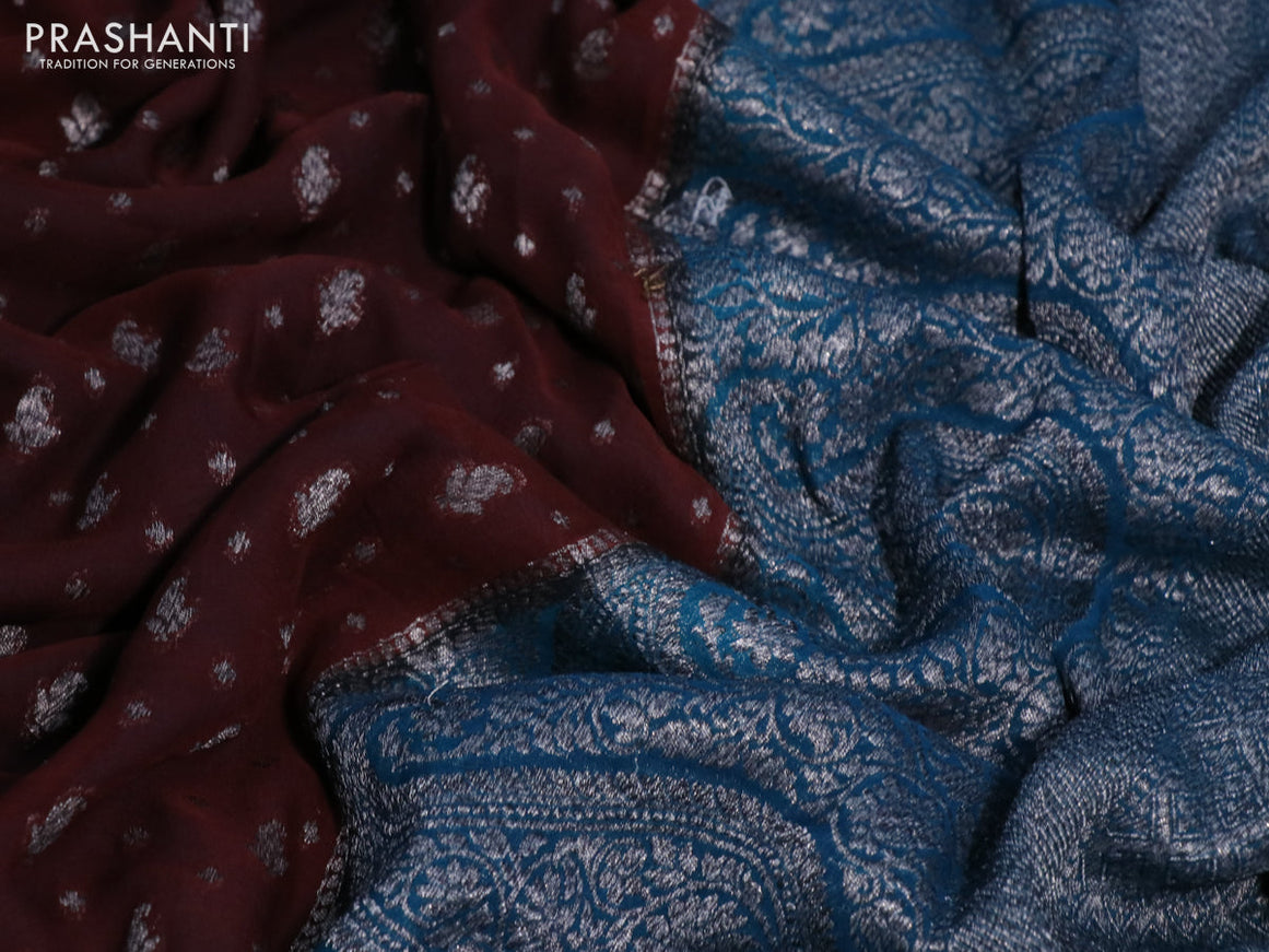 Banarasi georgette silk saree brown and cs blue with allover thread & zari weaves and long woven border