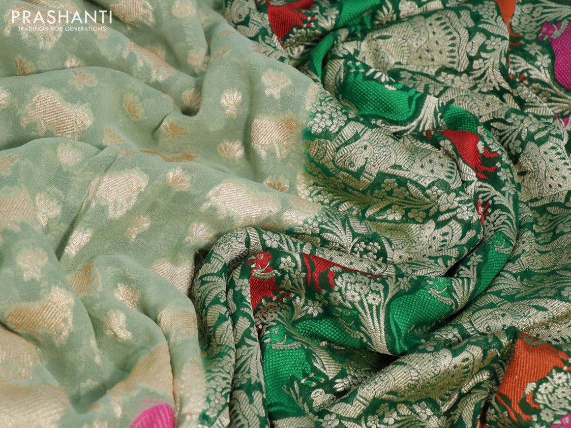 Banarasi georgette silk saree pista green and green with allover thread & zari weaves and zari woven border