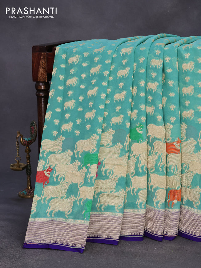 Banarasi georgette silk saree pastel green and blue with allover thread & zari weaves and zari woven border