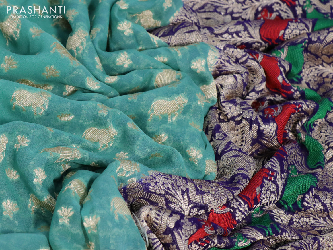 Banarasi georgette silk saree pastel green and blue with allover thread & zari weaves and zari woven border