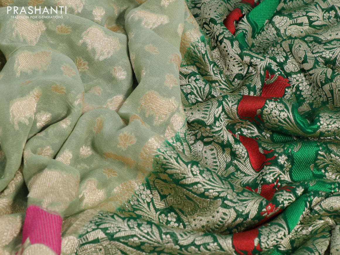 Banarasi georgette silk saree pastel green and green with allover thread & zari weaves and zari woven border