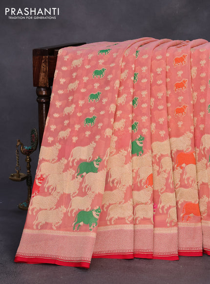 Banarasi georgette silk saree peach pink and red with allover thread & zari weaves and zari woven border