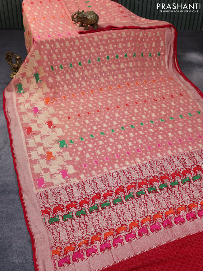 Banarasi georgette silk saree peach pink and red with allover thread & zari weaves and zari woven border