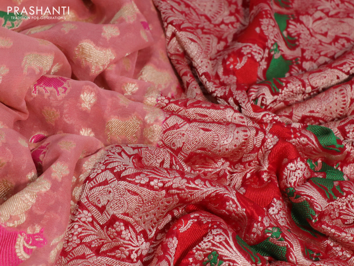 Banarasi georgette silk saree peach pink and red with allover thread & zari weaves and zari woven border