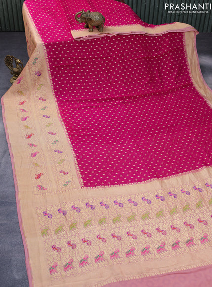 Banarasi georgette silk saree pink and pastel pink with allover zari woven butta weaves and long zari woven border