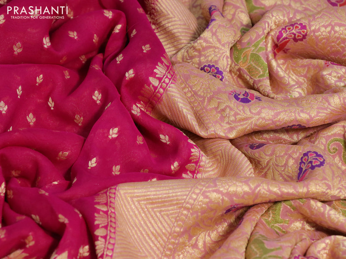 Banarasi georgette silk saree pink and pastel pink with allover zari woven butta weaves and long zari woven border