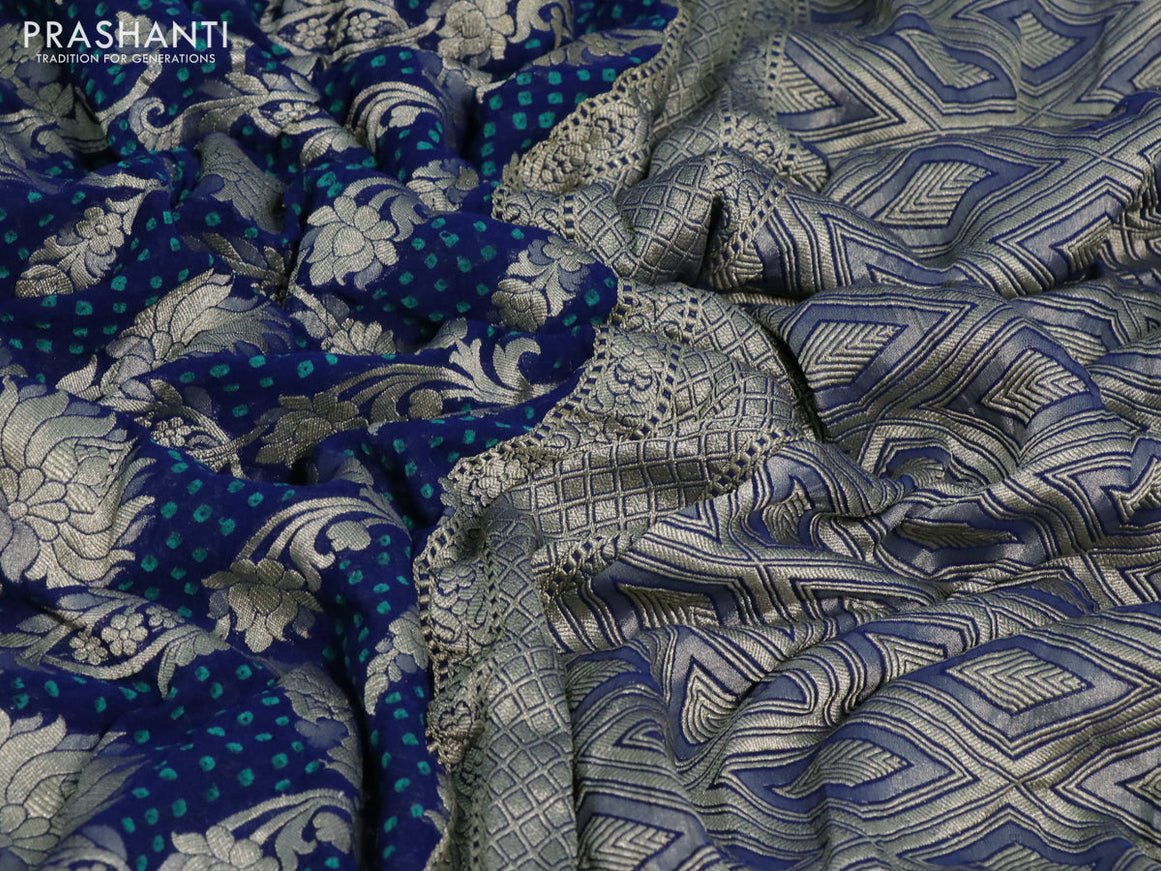 Banarasi georgette silk saree peacock blue with allover zari weaves & bandhani prints and zari woven border