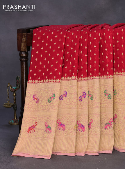 Banarasi georgette silk saree red and peach pink with allover zari woven butta weaves and long zari woven paithani border