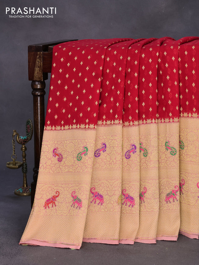 Banarasi georgette silk saree red and peach pink with allover zari woven butta weaves and long zari woven paithani border