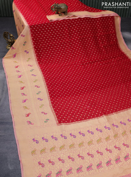 Banarasi georgette silk saree red and peach pink with allover zari woven butta weaves and long zari woven paithani border