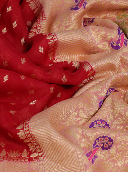 Banarasi georgette silk saree red and peach pink with allover zari woven butta weaves and long zari woven paithani border